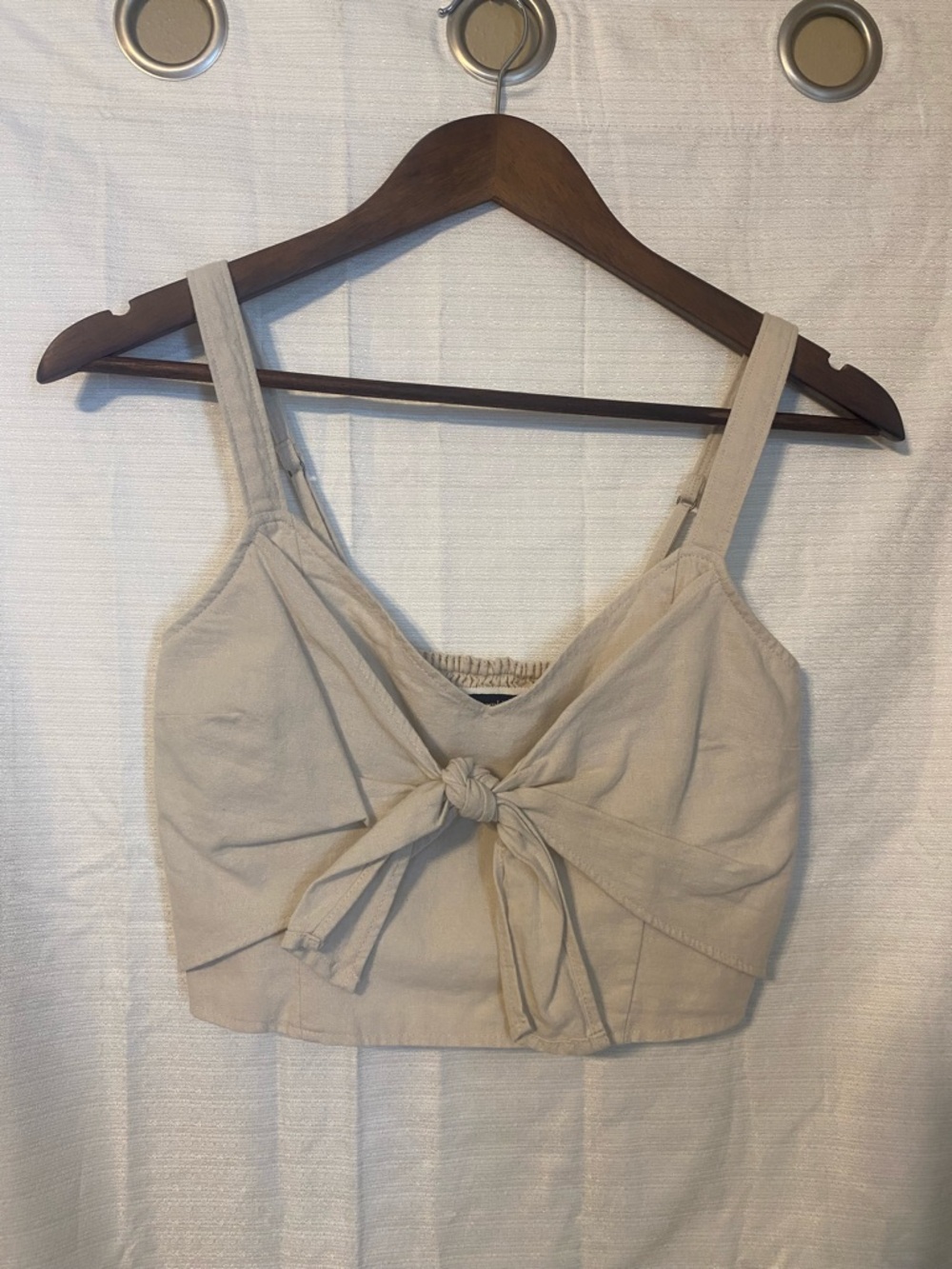 Abercrombie & Fitch Beige Crop Top Linen Cotton Blend Knot-Front